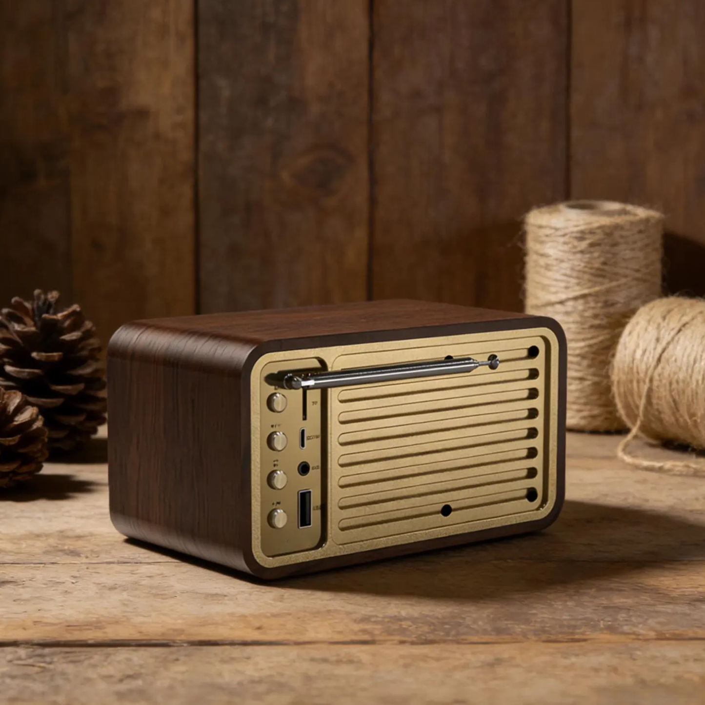 Vintage Rectangular Wireless Audio Device, Multi-Functional Receiver With Radio Tuner And Multi-Media Playback Ports Bluetooth Speaker