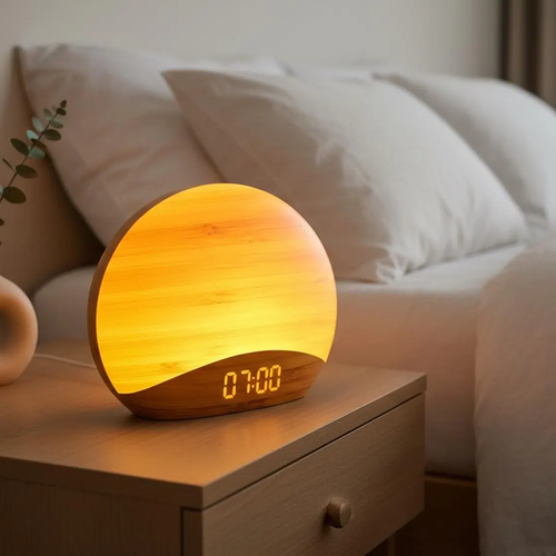 Semicircular Sunrise Wake-Up Clock, Multimode Bedside Timer With Calming Audio Library And Tunable Ambient Lighting